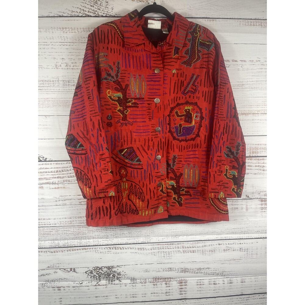 Vintage Chicos Design Jacket Women's 1 SZ M Red Silk Embroidered Tribal Art Boho